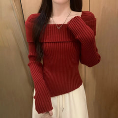 pantsparadises Women Knitted Sweater Solid Color Square Collar Long Sleeve Asymmetrical Hem Crop Top y2k Aesthetic Clothing Streetwear