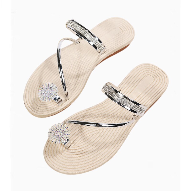 pantsparadises Flat Sandals for Women Dressy Summer Sparkly Rhinestone Slide Beach Shoes Women's Dress Shoes Bling Trendy Ladies Sandals