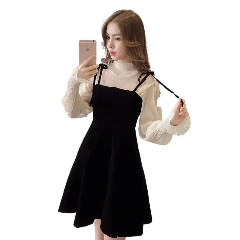 pantsparadises Spring New Elegant Two Piece Dress for Women Women Winter Korean A-Line O-Neck Tops and Black Sundress Streetwear Dress Vestidos