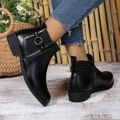 pantsparadises Pu Leather Classics Black Thick Heel Ankle Boots Metal Zipper Low Platform Woman Shoes Winter Round Toe Slip On Short Boots