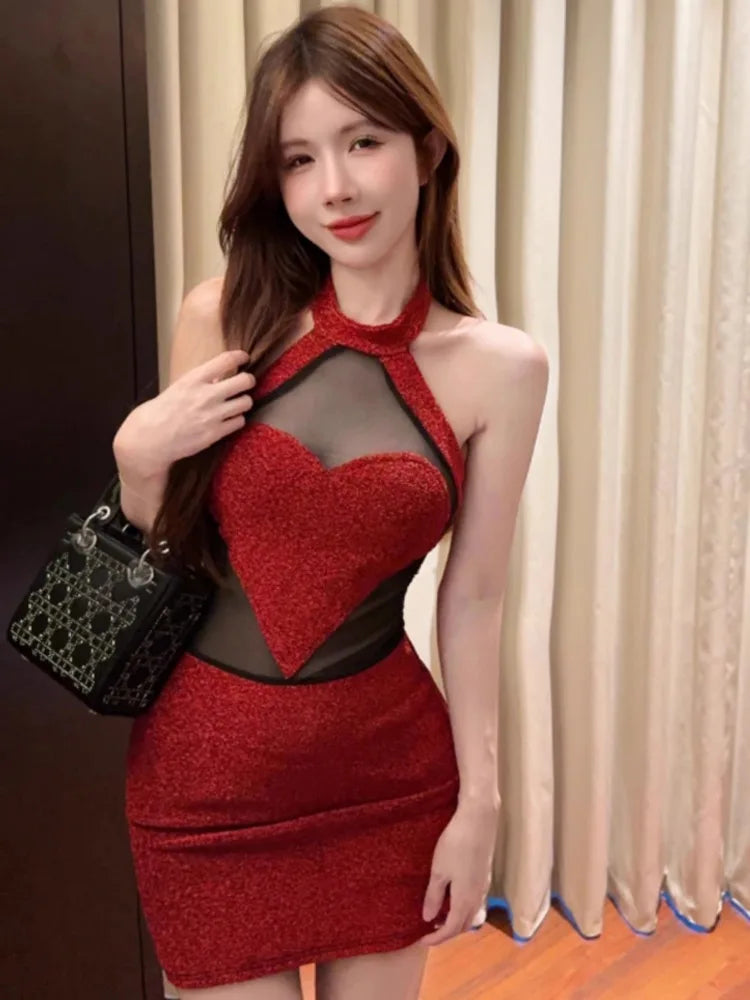 pantsparadises Sexy 3D Heart Halter Red Night Party Dress Women Summer Sweet High Waist Backless Slim Fit Sleeveless Y2k Mini Dresses