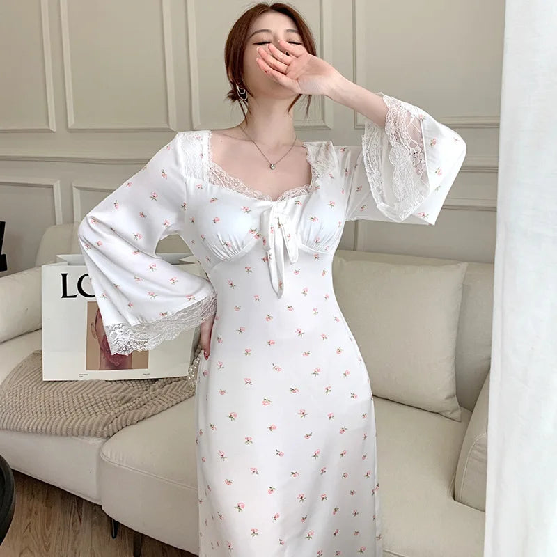 Retro Court Style Square Collar Long Sleeve Nightdress New Spring Women Nightgown Sleepwear Sweet Print Flower Lace Home Dress