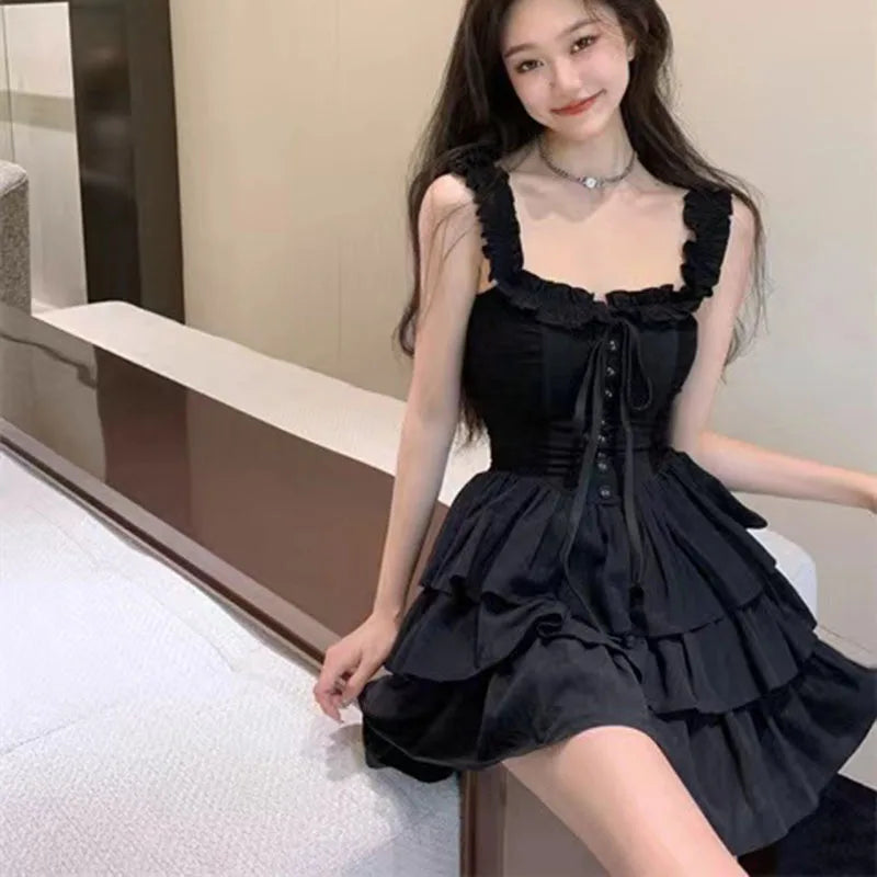 pantsparadises Gothic Black Sexy Slip Dress Y2K Harajuku Streetwear Punk Lace Up Cake Dress Female Summer Korean Fashion Party Ruffles Dresses