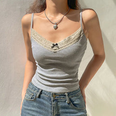 y2k Bow Knitted Crop Top Lace V Neck Mini Vest Women Cute Basic Camis Harajuku Grey Sweats Chic Aesthetic Korean Tee