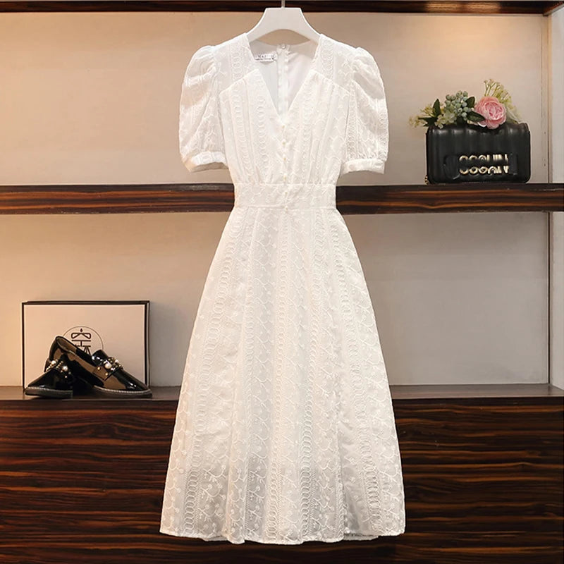 pantsparadises DRESS TO IMPRESS Elegant V-neck Midi Dress Women Summer Puff Sleeve White Casual Party Dress Female Office Kawaii Lace One-piece Dress Korean Y2k