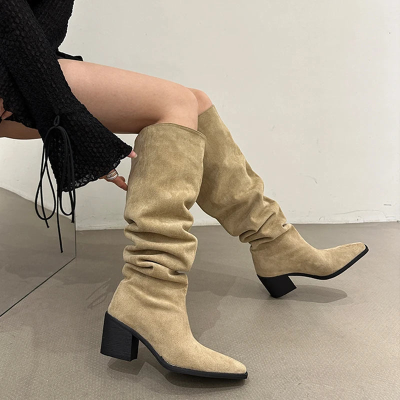 pantsparadises Designer Vintage Women Knee High Boots Fashion Slip On Long Booties Autumn Winter Thick Heels Ladies Shoes