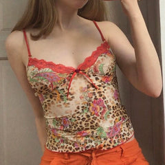 Summer y2k Leopard Print Crop Top Women Sleeveless Lace Patchwork Skinny Bow Tees Sexy Clubwear Strap Tops 2024 New Lady