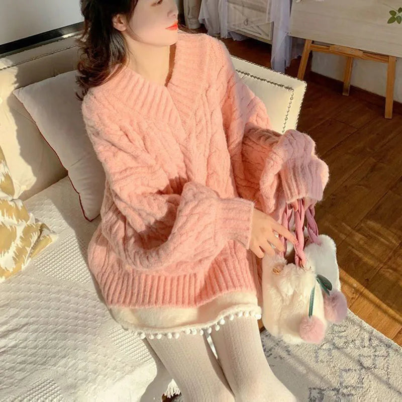 pantsparadises Pink Kawaii Oversize Knitwear Sweaters Women Sweet Cute Big Bow Pullovers Autumn Winter Keep Warm Lantern Sleeve V-Neck Sweater