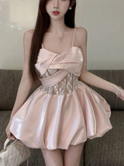 French Fashion Princess Elegant One Piece Dress Women Summer New Pink Slim Mini Dress Female Y2k Vintage Sleeveless Dress 2024