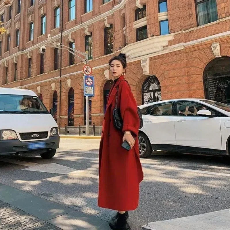 pantsparadises New Large Size Hepburn Style Red Woolen Coat for Women Autumn and Winter Fat Mm Loose Long Thick Woolen Coat