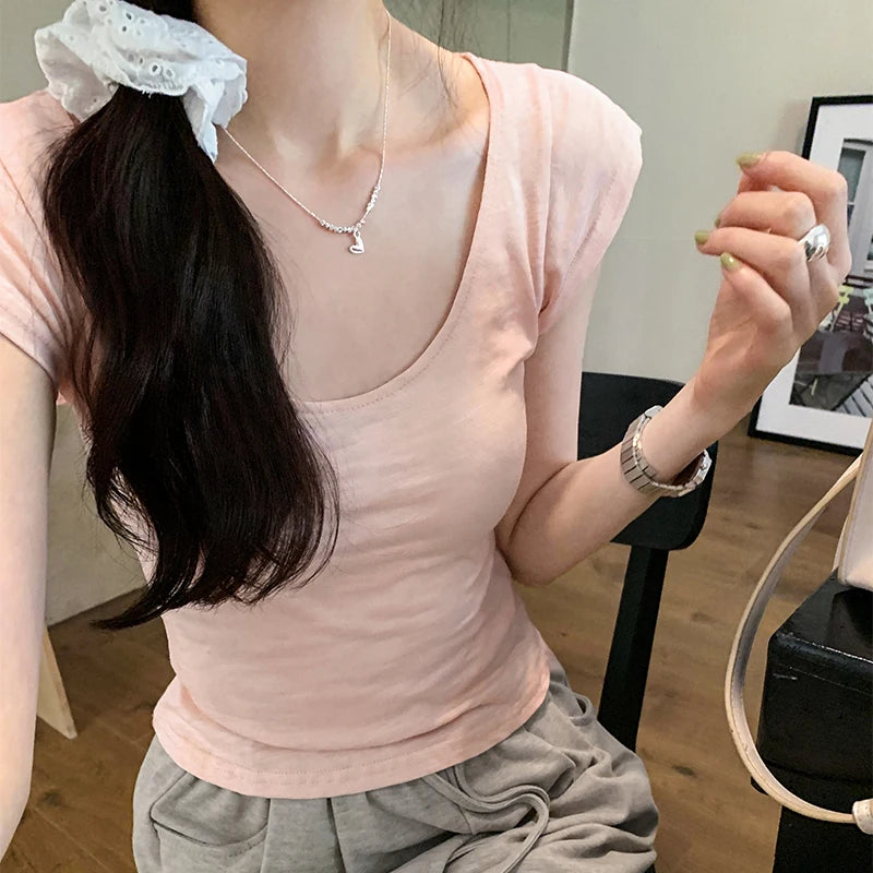 Solid Basic Round Collar Short Sleeve T Shirts Womens 2024 New Summer Cozy Slub Cotton Slim Tee Shirt Female Casual Short Tops