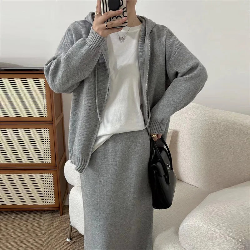 pantsparadises Korean Lazy Style Women Knitted Sweater Casual Set Autumn Winter Hooded Zipper Cardigan Tops Knitwear Long Skirt Two-piece Suit