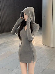 pantsparadises Spring Autumn Fashion New Korean Style Soft Girl Tight Sexy Wrapped Hip Skirt Women's Hooded Long Sleeved Solid Color Dress