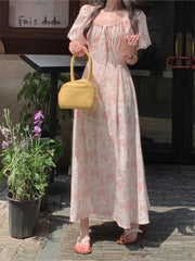 pantsparadises Summer Floral Printed Midi Dress Women Off Shoulder Puff Sleeve Fairy A-line Elegant Dresses Casual Korean Fahion Vestidos Mujer