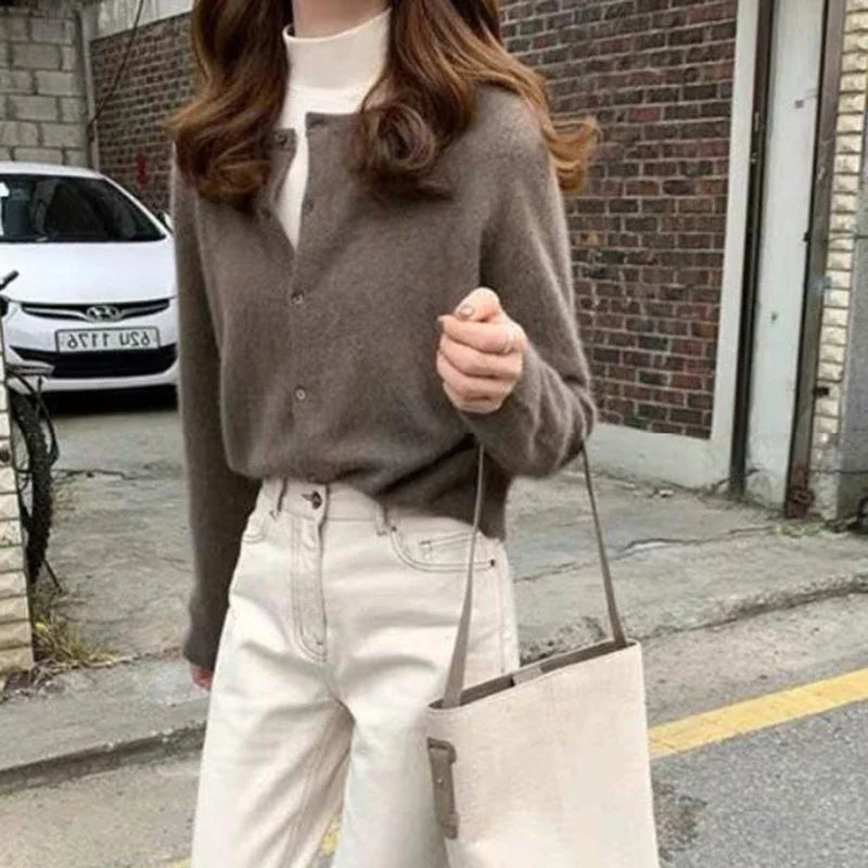 pantsparadises Cold Weather Outfits Fall Solid Color Knitted Cardigan Women Korean Single Breasted Long Sleeve Jumper Woman Round Neck All Match Sweater Outwear Top