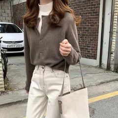 pantsparadises Cold Weather Outfits Fall Solid Color Knitted Cardigan Women Korean Single Breasted Long Sleeve Jumper Woman Round Neck All Match Sweater Outwear Top