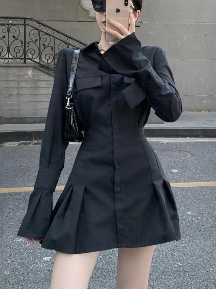 pantsparadises Black Shirt Dress Women Elegant Vintage Long Sleeve Dresses Sexy Gothic Pleated Streetwear Turn-down Collar Casual Robe