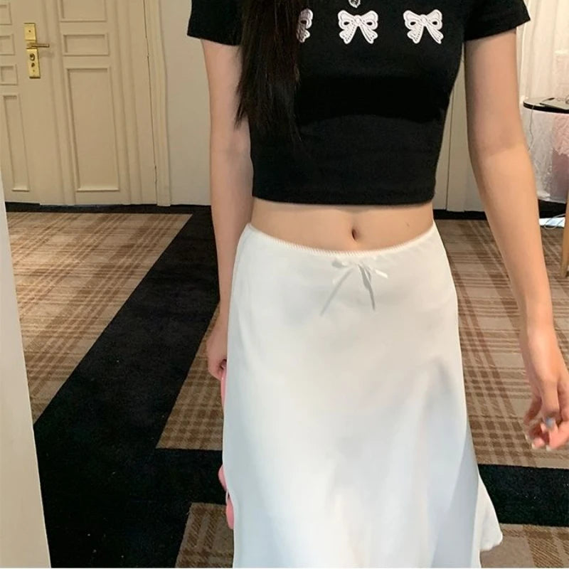 pantsparadises Elegant White Women Satin Skirt Fairycore Ruffle Mid Skirts Coquette A-line Basic Casual Korean Style Summer Silk Skirt