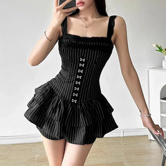 pantsparadises Vintage Dark Fairy Grunge Striped Ruffles Hem Culottes Sexy Lace Straps Y2K Playsuits Gothic Trim Zip Dress Streetwear + Shorts