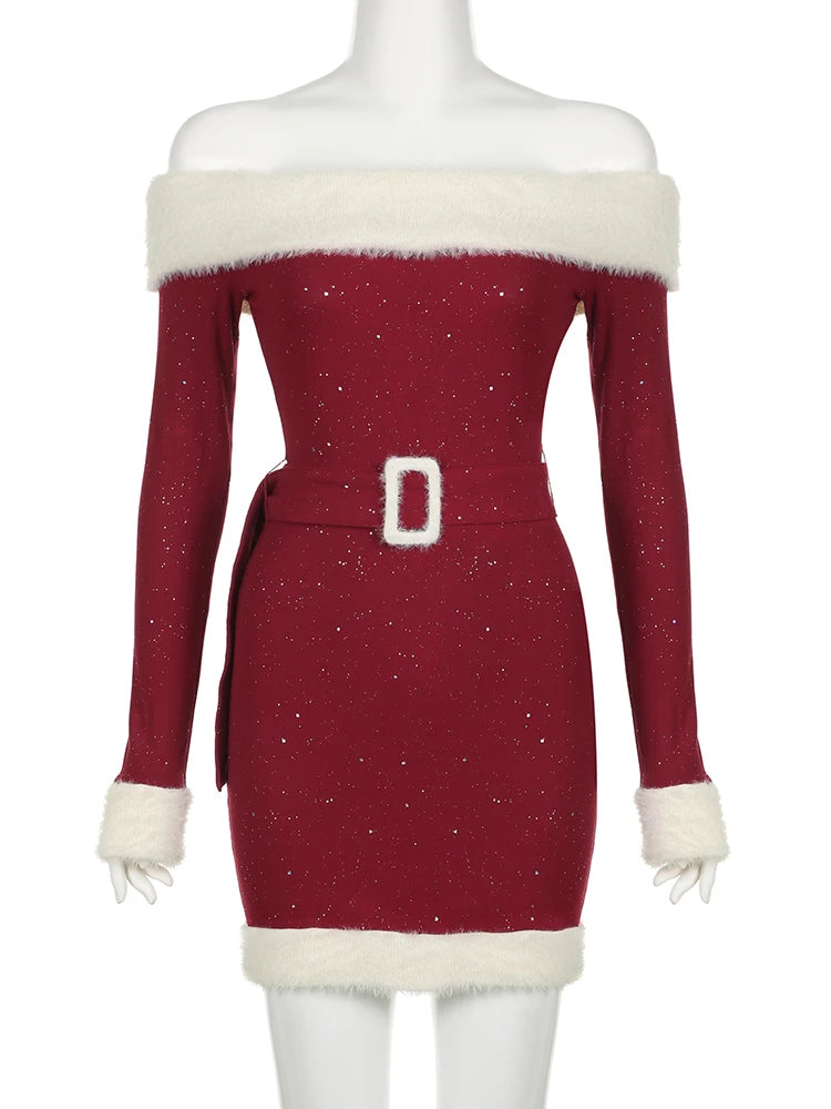 pantsparadises Christmas Party Dress Slim Patchwork Fur Trim Bodycon Dress With Belt Casual Slash Neck Long Sleeve Mini Dresses Women