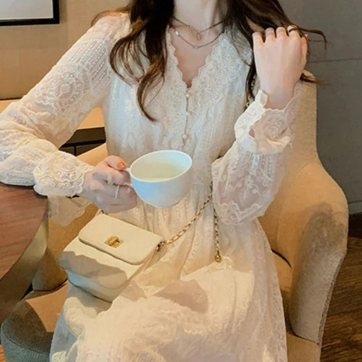 Lace Vintage Fairy Dress Women Elegant Flare Sleeve Korean Party Midi Dress Casual Office Lady Slim Y2k Kawaii Dress