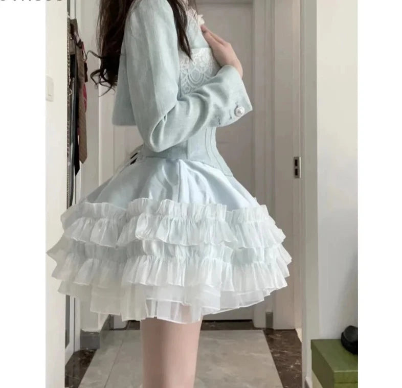 pantsparadises Blue Sweet Kawaii Lolita Style Dress Sets Women Elegant Short Coat Bow Pearl Party Mini Dresses Suit Korean Y2k Sexy 2 Piece Set