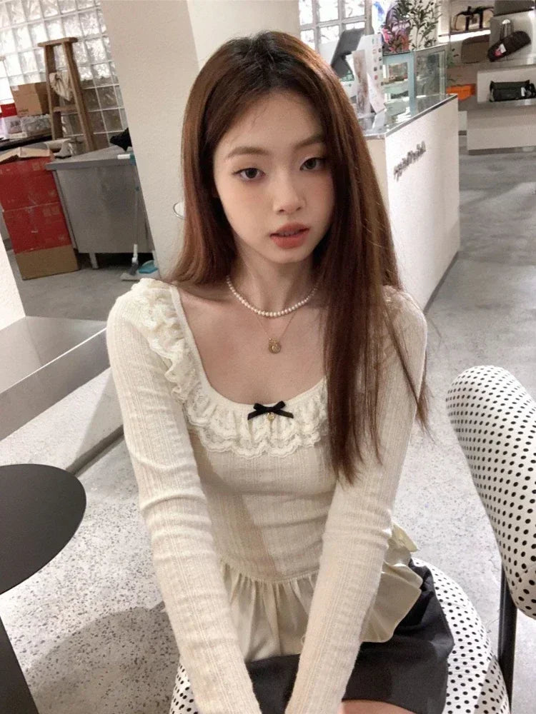 pantsparadises Coquette Korean Style White T-shirts Women Fairycore Cute Ruffles Long Sleeve Tees Y2k Sweet Slim Corset Tops Autumn