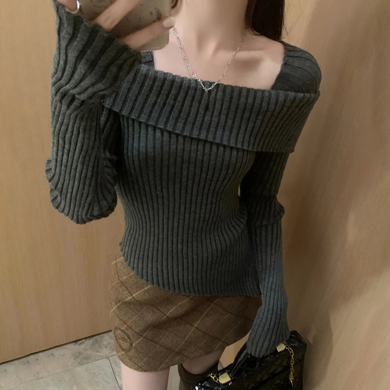 pantsparadises Women Knitted Sweater Solid Color Square Collar Long Sleeve Asymmetrical Hem Crop Top y2k Aesthetic Clothing Streetwear