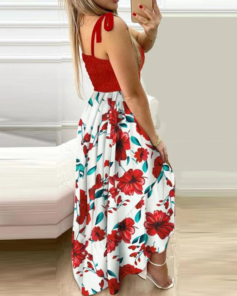 pantsparadises Summer Sexy Spaghetti Strap Floral Print Maxi Dress For Women Casual Elegant Chest Wrap Long Woman Beach Dress Holiday