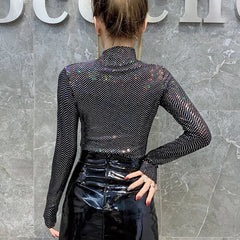 pantsparadises Shinny Sequin T Shirt Women Sexy Basic Turtleneck T Shirt for Women Long Sleeved Slim Tight T-Shirt Femme Tee Shirt