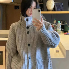 pantsparadises Loose Lazy Sweater Women Twist Fashion Knit Autumn Winter Warm Cardigan Harajuku Stand Collar Gray Vintage Female Jumpers