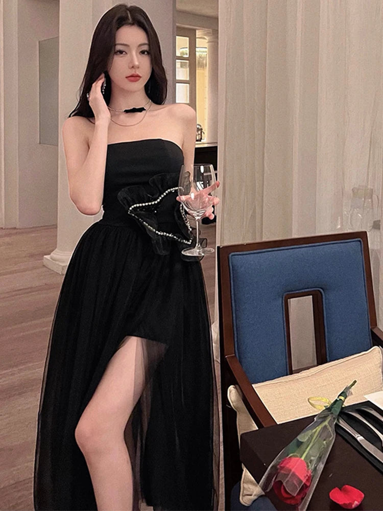 pantsparadises DRESS TO IMPRESS Summer Women Evening Dress Black Sexy Chest Wrapping Backless Slim Maxi Dresses Party Gown Birthday Robe Mujer Vestidos Fiesta