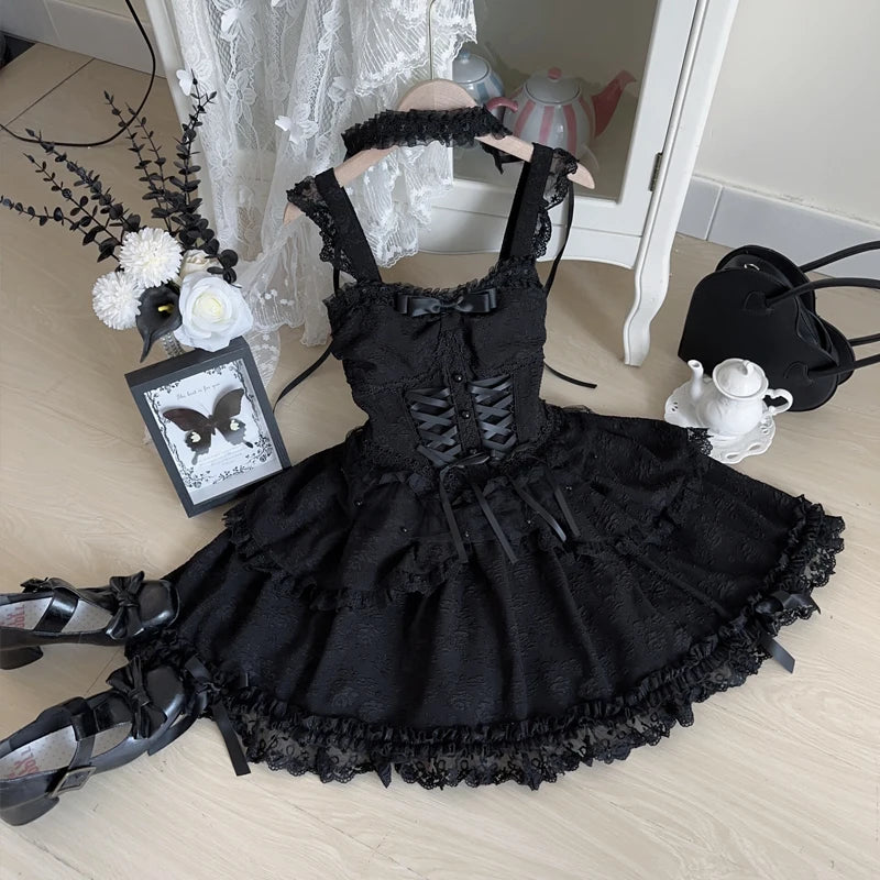 pantsparadises Japanese Sweet Lolita Jsk Dress Women Elegant Ruffles Lace Bandage Princess Strap Dresses Girls Y2k Kawaii Tea Party Mini Dress