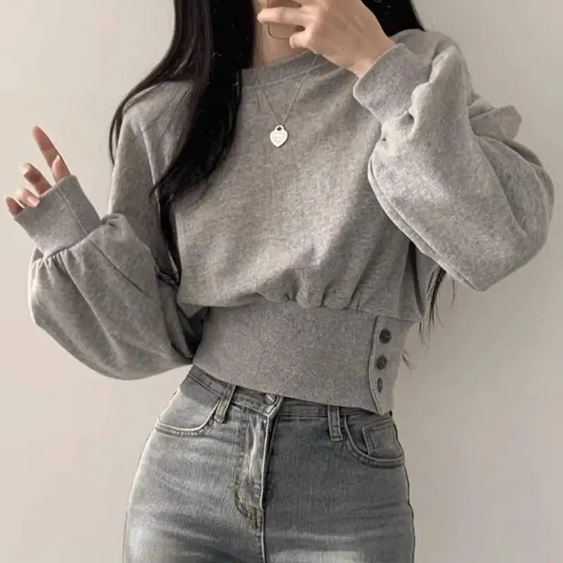 pantsparadises Korean Chic Autumn Round Neck Buckle Waist Slimming Long Sleeve Short Pullover Women Hoodie Top Gray Sweatshirt Women Clothing