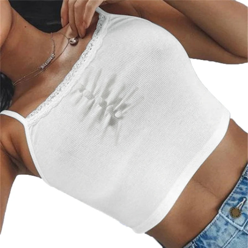 pantsparadises White Lace Patchwork Tank Top Summer Women Home y2k Fashion Leisure Outfit Basic Casual Crop Tops Lolita Kawaii Clothes