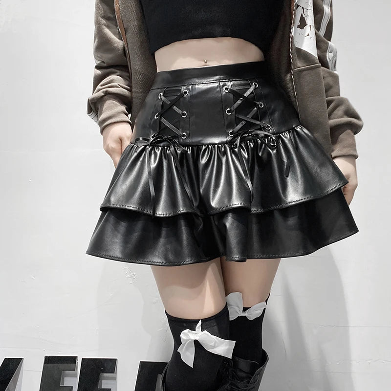 pantsparadises Goth Punk PU Leather Mini Skirt Women Hight Waist Lace Up Bandage Black Pleated Skirt Streetwear Girls Lolita Skirt