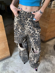 pantsparadises Leopard Ripped Wide Leg Jeans For Women High Waist Patchwork Button Loose Fashion Denim Pant Female Clothing New