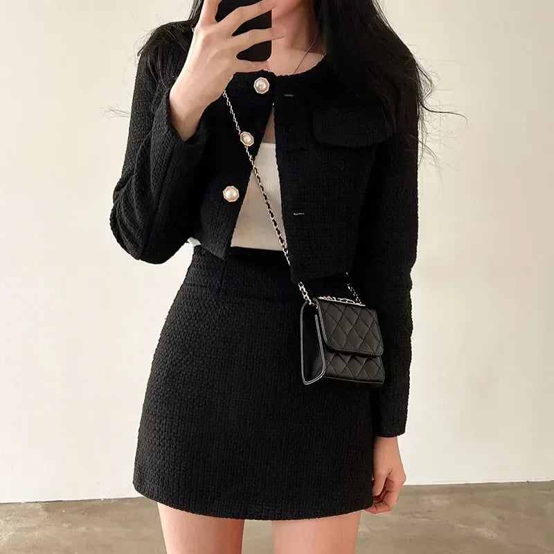 pantsparadises FALL OUTFITS Women Outfits Tweed 2 Two Piece Sets Long Sleeve Pearl Buttons Short Jacket and A-line Mini Skirt Set Fall Spring