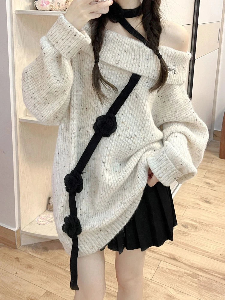 pantsparadises Korean Style Sweet Sweaters Women Sexy Off Shoulder Knitted Pullover Elegant Kawaii Autumn Winter Long Sleeve Sweaters