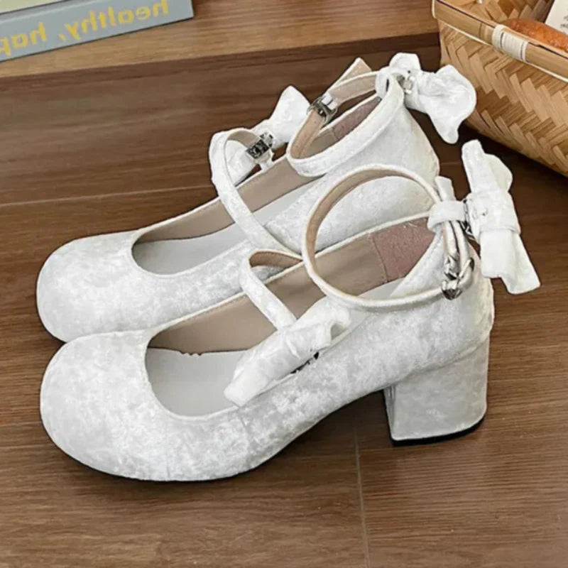 pantsparadises High heeled Mary Jane shoes Women New French Velvet Thick Heel Pumps Female Square Heel Single Shoes White Party Sandals