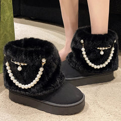 pantsparadises Winter New String Bead Plush Women's Boots Warm Stylish Thick Platform Slip On Boots Faux Fur Plus Size 43 Ankle Botas Shoes