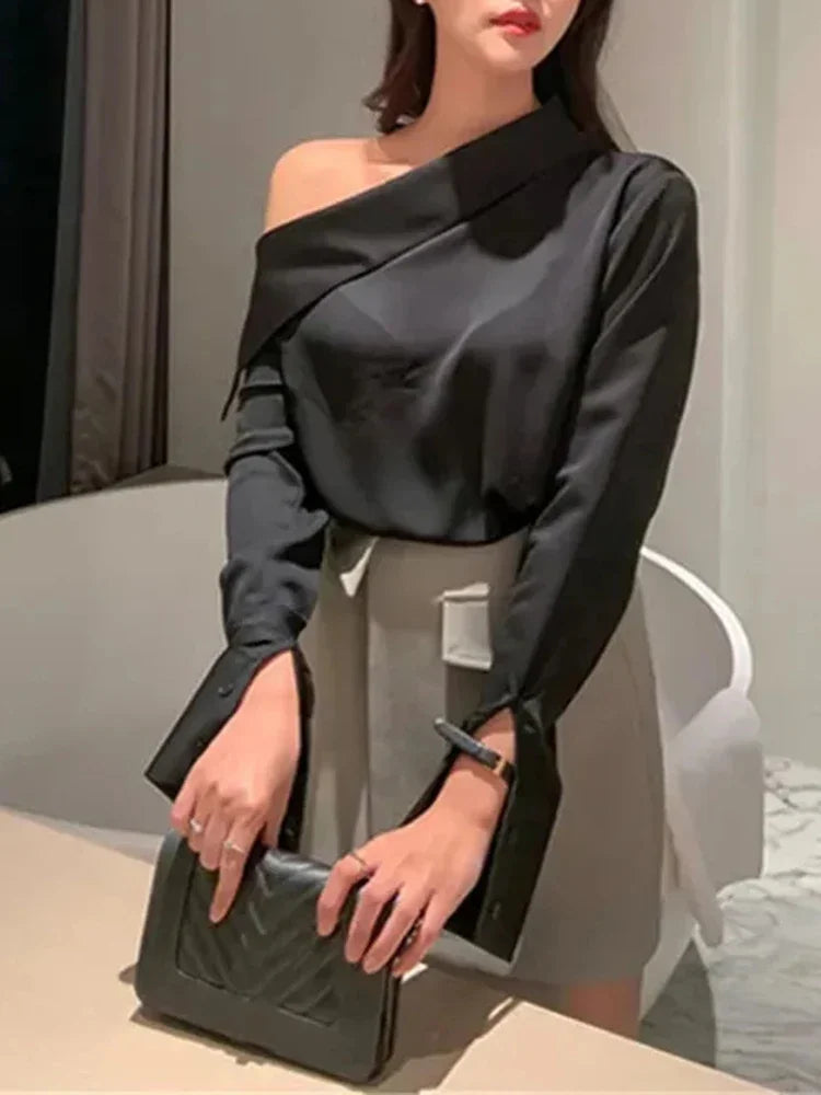 pantsparadises FALL OUTFITS Elegant Women Sexy Korean One Black Top Spring Summer Leisure Versatile Women's Off The Shoulder Long Sleeved White Blouses