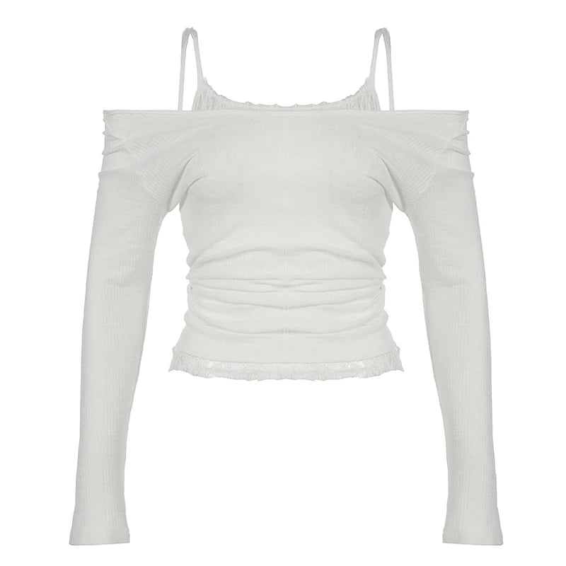 pantsparadises Coquette See Through Lace Cami and Pullover Two-piece Top Autumn Spring Chic T-shirts Matching Suit Korean Style Tees