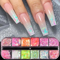 pantsparadises 12 Grids Aurora Chameleon Nail Glitter Flakes Irregular Crystal Glass Sequins Powder Shiny Mermaid Paillette Nail Art Decoration