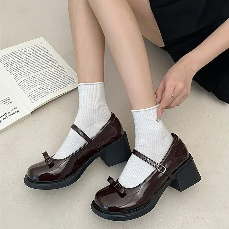 pantsparadises Brown Jk Uniform Shoes British Style Retro Japanese Mary Jane Shoes Women's Lolita Bow Sweet Girls Kawaii Mid Heel Cute Laofers