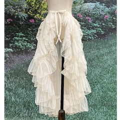 pantsparadises Double Layered Lolita Waist Curtain Sheer Cover Up High Low Skirt w. Asymmetrical Ruffles