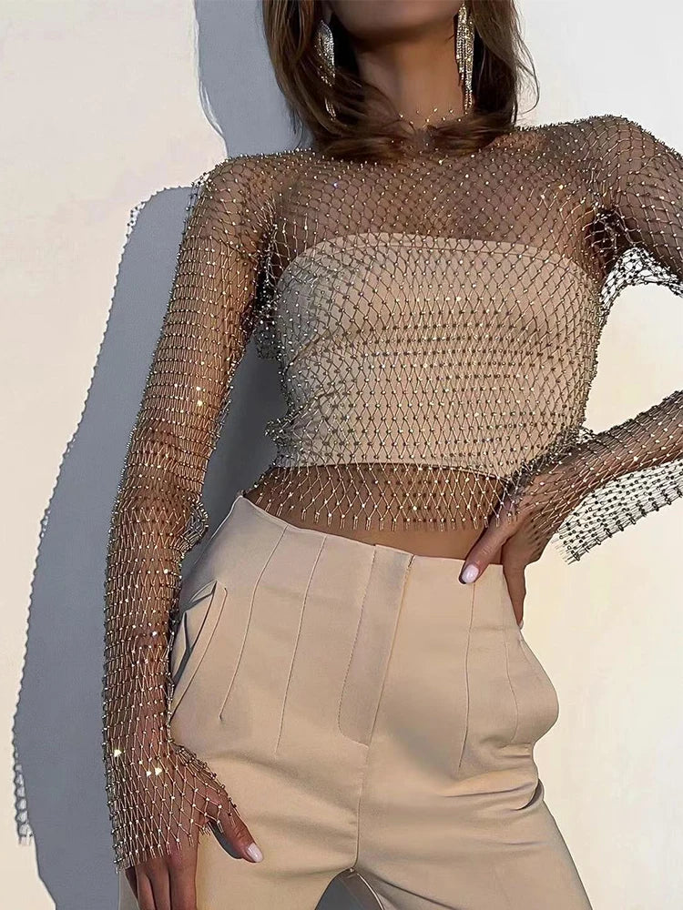 pantsparadises Women Sexy Mesh See Through T Shirt Shiny Rhinestone Fishnet Hollow Out Crop Top Long Sleeve Beach Cover Up Party Club Tank Tops