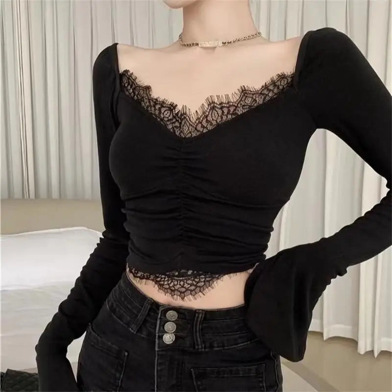 pantsparadises FALL OUTFIT Korean Crop Top Autumn Women Aesthetic V-neck Lace Patchwork Solid Color Tops Sexy Skinny Casual Long Sleeve T-shirt