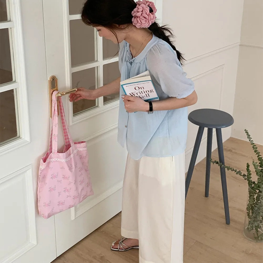 pantsparadises Pink Floral Canvas Shoulder Bag Handbag Korean Travel Beach Bag Double-sided Shopping Totes Bag Girl Lace Underarm Bag