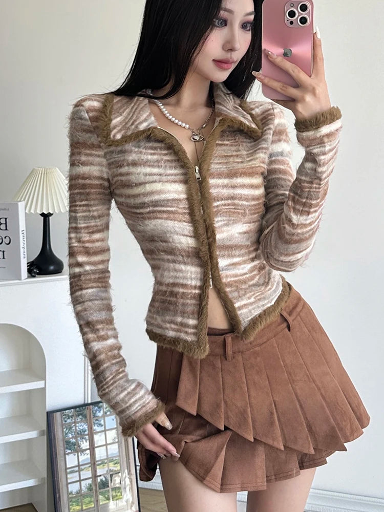 pantsparadises Striped Knit Sweater Cardigan Y2K High Street Women Autumn Turn-down Collar Zipper Sweaters Coat Female Casual Korean